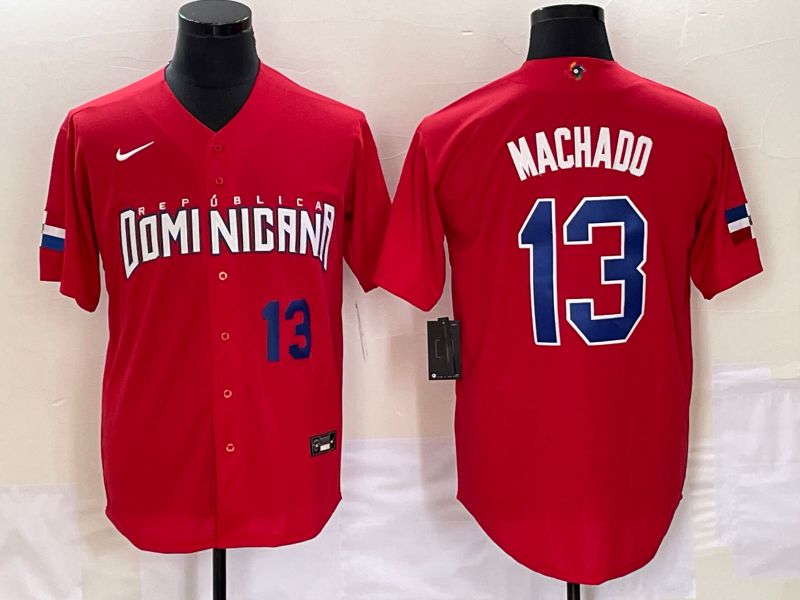 Men 2023 World Cub Dominicana #13 Machado Red Nike MLB Jersey1